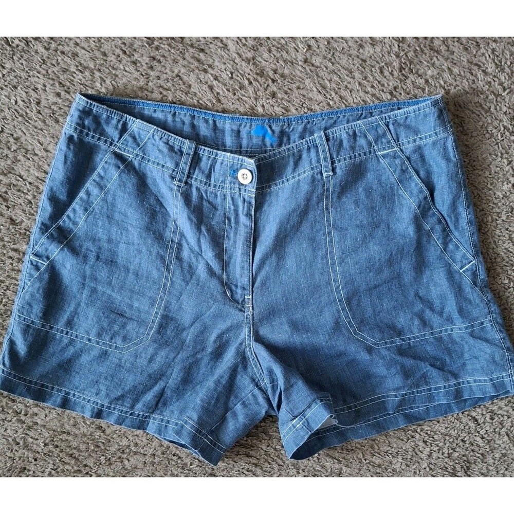 Tommy Bahama Linen Shorts Womens Size 14 Blue Casual Utility Pockets Preppy